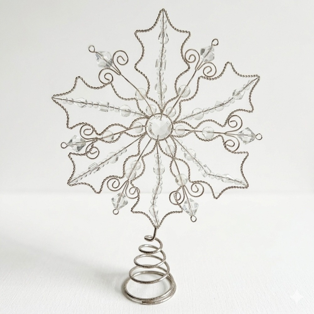 Snowflake Tree Topper Silver Clear‎ Beaded Wire Star Holiday Decor